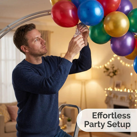 Ultimate Balloon Arch Kit With 6 Heavy Duty Clear Clamps And 100 Premium Long透明 Balloons For Epic Birthday Weddings And Party Decorations, man clipping balloons to arch