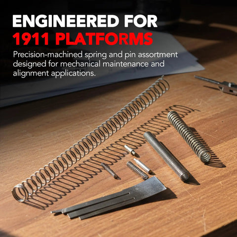Stainless Steel Spring and Pin Replacement Kit For 1911 Style Platforms, springs and pins on wooden surface.