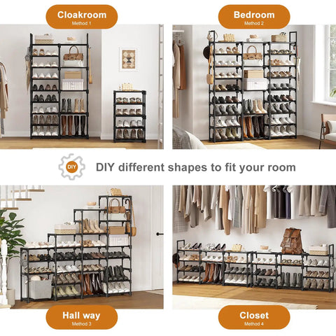 9 Tier Large Shoe Rack Organizer For Closet Holds 50 To 55 Pairs, diverse arrangements in different rooms, metal and plastic.