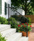 Built Like A Tank Black Wrought Iron Outdoor Stair Handrail Adjustable For Four Or Five Steps With Full Hardware Kit For Easy Porch Deck Concrete Install on granite steps with flowers.