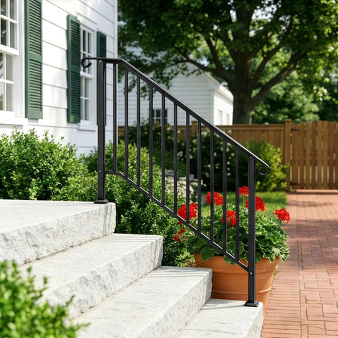 Built Like A Tank Black Wrought Iron Outdoor Stair Handrail Adjustable For Four Or Five Steps With Full Hardware Kit For Easy Porch Deck Concrete Install on granite steps with flowers.