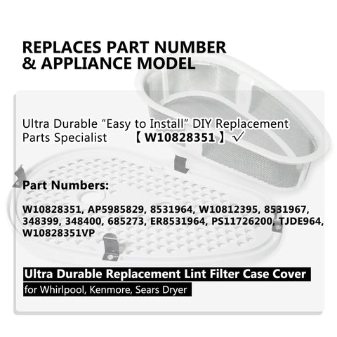 Upgraded Dryer Lint Screen With Case Cover For Whirlpool And Kenmore Dryers; labels with part numbers and compatibility details