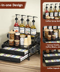 4 Tier Coffee Syrup Rack Organizer With Room For 8 Syrup Bottles And 84 Coffee Pods Perfect Countertop Bar Station For Your Coffee Setup Kitchen Storage Black, displaying bottles and coffee pods neatly.