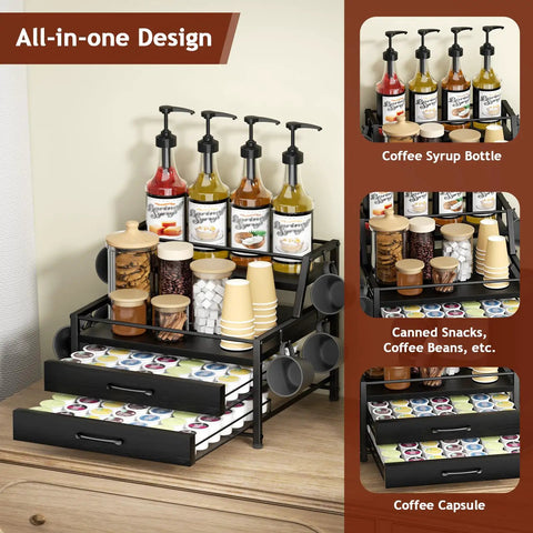 4 Tier Coffee Syrup Rack Organizer With Room For 8 Syrup Bottles And 84 Coffee Pods Perfect Countertop Bar Station For Your Coffee Setup Kitchen Storage Black, displaying bottles and coffee pods neatly.