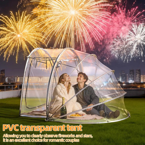 Clear Transparent Bubble Tent For Four People, Portable Camping Dome with breathable windows beneath fireworks display.