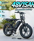 All Terrain Electric Bike For Adults With 1500W Peak Motor 48V 15Ah Battery 60 Mile Range 20 Inch Wheel Rear Seat Seven Speeds Rugged E Bike For Off Road Adventures, shown with fat tires and charging.