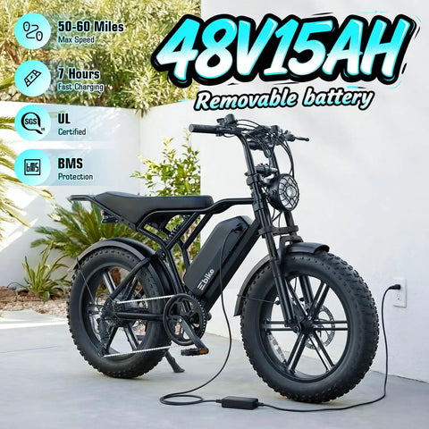 All Terrain Electric Bike For Adults With 1500W Peak Motor 48V 15Ah Battery 60 Mile Range 20 Inch Wheel Rear Seat Seven Speeds Rugged E Bike For Off Road Adventures, shown with fat tires and charging.