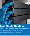 2U Finger Duct Cable Manager Panel with Cover for 19 Inch Racks 3 Inch Depth horizontal cable management installed with blue cables