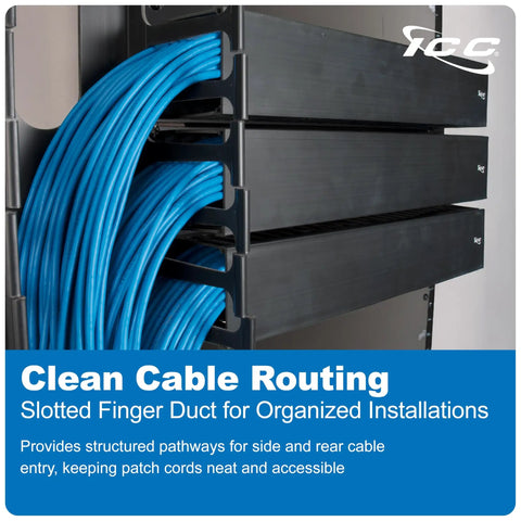 2U Finger Duct Cable Manager Panel with Cover for 19 Inch Racks 3 Inch Depth horizontal cable management installed with blue cables