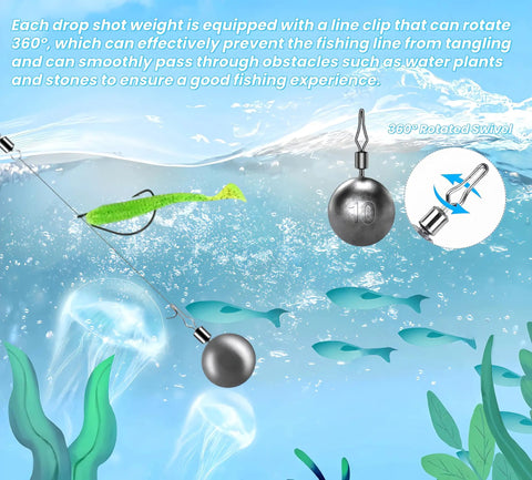 Forty Piece Round Fishing Weights Set Ball Sinkers With Barrel Swivels For Saltwater And Freshwater Casting Drop Shot Catfishing Three Eighth Ounce Ten Gram Lead Weights Built Tough For Real World Fishing 10g lead drop shot sinker with 360° swivel