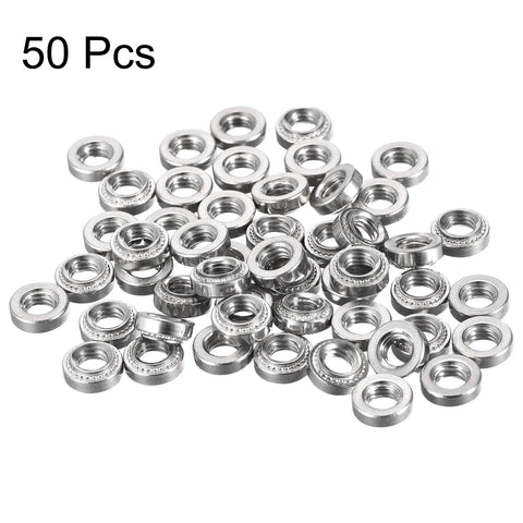 Built Different Stainless Steel Self Clinching Rivet Nuts With Smooth Round Head For Fast Thin Sheet Metal Assembly 10 32 Thread Pattern Zero Point One Four Inch Length Heavy Duty 50 Piece Fastener Set, multiple rivet nuts displayed together.