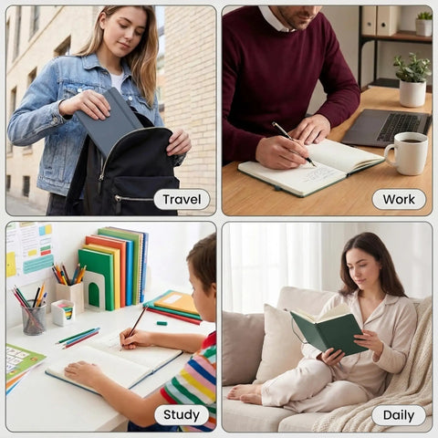 Ten Pack A5 Lined Notebooks With Durable Hardcover used in travel, work, study, and daily activities settings, pastel colors