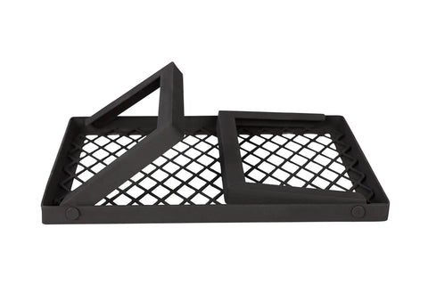 Heavy-Duty Portable Camping Grill Grate For Open Flame Cooking, foldable black steel mesh with legs folded