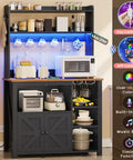 35.4 Inch Coffee Bar Cabinet With Power Outlet And Storage, Boss Level Farmhouse Microwave Stand With Hutch, LED Lights, Wine Glass Holder And 8 Hooks, Black Kitchen Organizer For Countertop And Pantry.