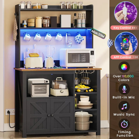 35.4 Inch Coffee Bar Cabinet With Power Outlet And Storage, Boss Level Farmhouse Microwave Stand With Hutch, LED Lights, Wine Glass Holder And 8 Hooks, Black Kitchen Organizer For Countertop And Pantry.