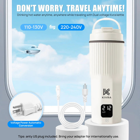Travel Kettle 316 Stainless Steel Portable Water Boiler 450ml with 6 Temperature Settings, LCD display visible, power cord shown