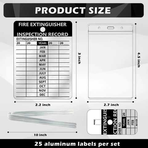 Chart of 25 Pack Fire Extinguisher Inspection Tags with Waterproof Plastic Covers, Durable Aluminum Tags, Resealable Iron Wire Seals