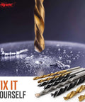 Hi-Spec 130pc drill bit set in tray case; close-up of spiral HSS bits with metal shavings.