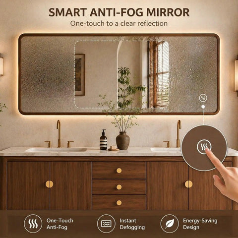 Gimme This Dope 60 Inch Freestanding Double Sink Bathroom Vanity Built From Solid Wood With Dual Stone Basins Smart Anti Fog Mirror and touch feature.