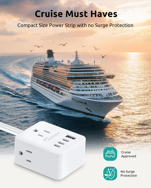 NUTICT 360 Rotating Flat Power Strip With Three AC Outlets And Four USB Ports on a boat with ocean view, cruise approved, no surge protection.