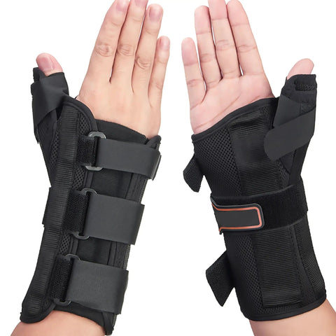 Comfy Wrist Brace And Thumb Spica Splint For De Quervain's Tenosynovitis Tendonitis And Carpal Tunnel Arthritis Relief With Adjustable Straps Aluminum Palmar Splints For Right Hand Medium shown on hands.