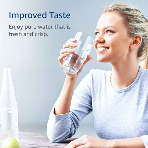 Woman drinking water, highlights Replacement Under Sink Water Filter For Twist And Lock In Line GXRLQR improvement.