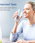 Woman enjoying pure water filtered by Under Sink Water Filter Replacement For GE FQSLF FQSVF FQSVN FQROPF, NSF 401 Certified.
