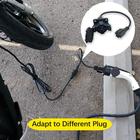 J1772 To Nema 5-20 Ev Charging Adapter With Compact Cable For Ebikes Electric Scooters And Unicycles portable wall plug connecting to an electric scooter.