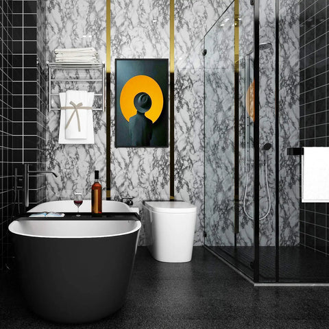 Bathroom with gray marble walls, featuring bathtub, glass shower, and "Gray Marble Peel And Stick Contact Paper For Cabinets Desks Tables And Shelves Self Adhesive Vinyl Film 36x160 Inches Removable Countertop Wrap Oil Resistant Easy To Install Durable Faux Marble Wallpaper."