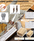 Wood Carving Kit 68 Piece Whittling Set With Leather Storage Bag And 16 Carbon Steel Knives 8 Basswood Blocks And Paints Beginner Friendly Woodworking Kit For DIY Enthusiasts And Gift Idea showing safety gloves, protective cover, wood blocks, and templates.