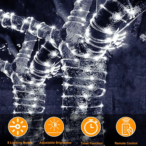 196ft 600 LED Outdoor Rope Lights With Remote Solar Powered IP65 wrapped around tree branches
