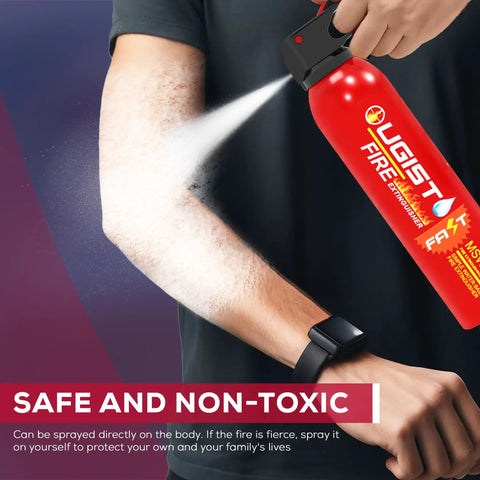 Person using a Multipurpose Fire Extinguisher Set 4 Pack 21 Ounce Cans With Wall Mount Bracket to spray arm for safety demonstration.