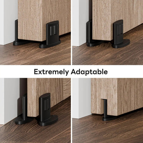 Super Slick 2 Pack Sliding Barn Door Floor Guide With Heavy Duty Aluminum Track Rollers shown from multiple angles, black finish.