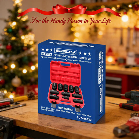 One Half Inch Drive Deep Impact Socket Set, 11-Piece Metric Socket Kit With 27mm To 38mm Sizes For Wheel Axle Nuts in box
