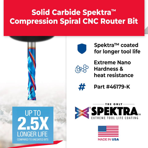 Spektra Extreme Tool Life Solid Carbide CNC Compression Spiral Router Bit 2 Flute, heat-resistant coating, USA made