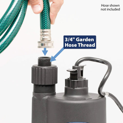 Connecting garden hose to Beefy 2400 GPH Submersible Utility Pump 1/3 HP Thermoplastic With 10 Foot Cord for water transfer.