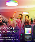Group enjoying colorful light under 12 Inch Smart Flush Mount LED Ceiling Light With Dimmable Brightness, Adjustable CCT 2700K-6500K And 16 Million Colors, 24W CCT And 4W RGB, Voice Or App Control, Works With Alexa And Google Home Assistant.