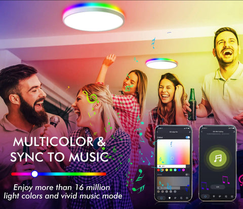 Group enjoying colorful light under 12 Inch Smart Flush Mount LED Ceiling Light With Dimmable Brightness, Adjustable CCT 2700K-6500K And 16 Million Colors, 24W CCT And 4W RGB, Voice Or App Control, Works With Alexa And Google Home Assistant.
