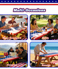 American Flag Picnic Table Cover Set With Bench Covers, 6 Foot Windproof Waterproof Fitted Tablecloth in various outdoor settings