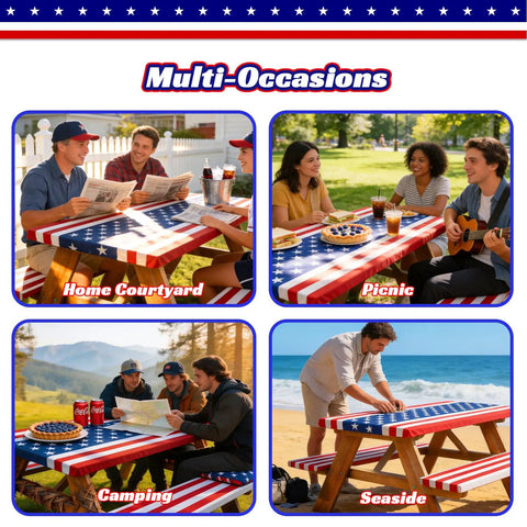 American Flag Picnic Table Cover Set With Bench Covers, 6 Foot Windproof Waterproof Fitted Tablecloth in various outdoor settings