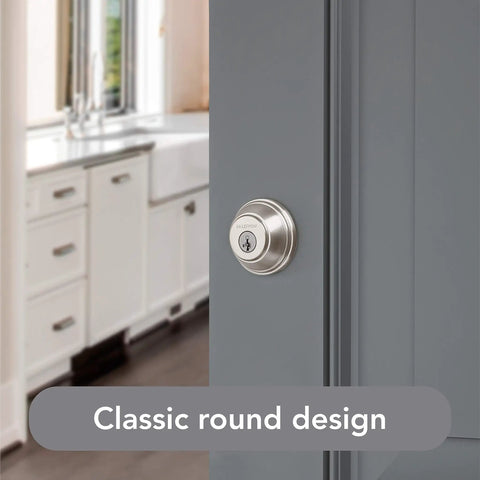 Round Front Door Deadbolt With SmartKey Rekey Tech And Microban Protection on interior grey door, satin nickel finish.