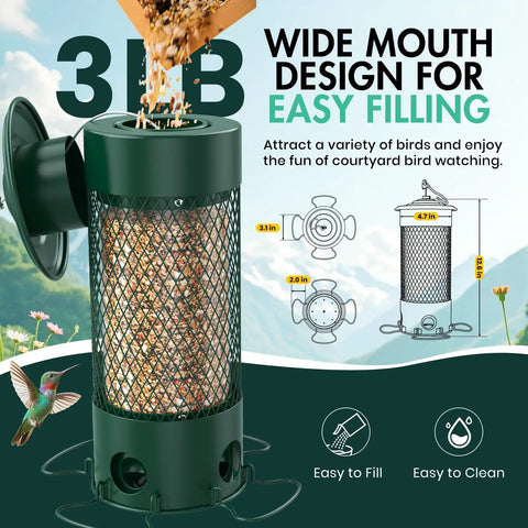 Heavy Duty Weight Activated Squirrel Proof Bird Feeder For Outdoor Hanging Large Capacity All Metal Weatherproof And Durable No Fuss Four Perches Attracts Finches Cardinals Blue Jays Chickadees Green