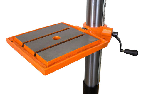 Smooth Cranking Floor Standing Drill Press 13 Amp With Fourteen Inch Pivoting Cast Iron Table close-up of cast iron table with slotted design