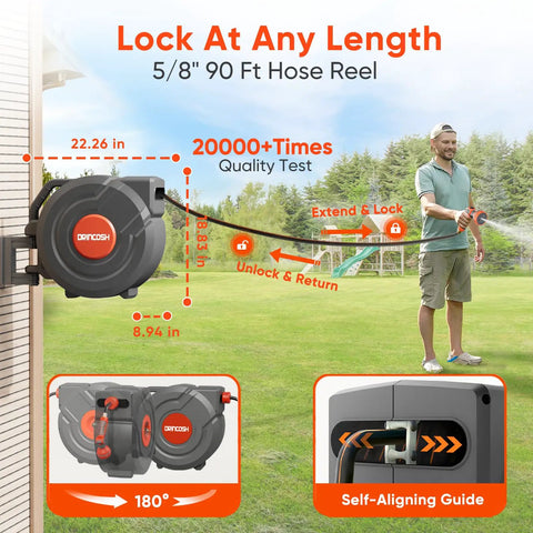 Image of 90 Foot Retractable Garden Hose Reel with Automatic Rewind, Five Eighth Inch Hose, Lock At Any Length in use.