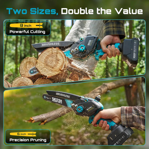 Dual-Bar Cordless Mini Chainsaw With 6 And 8 Inch Guide Bars, 1000W Brushless Handheld Wood Cutter in use on logs and branches