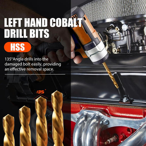 Damaged Screw Extractor Set With Left Hand Drill Bits used to remove broken bolt in automotive repair close-up