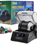Rock Tumbler Kit With Quiet Polisher And Noise Reduction Cover Speed And Timer Control Includes Four Polishing Grits Rough Gemstones Learning Guide And A Cool Awesome Science Gift For All Ages box set with tumbler and gemstones displayed