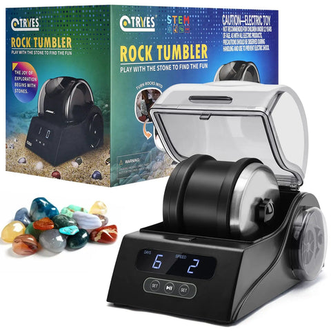 Rock Tumbler Kit With Quiet Polisher And Noise Reduction Cover Speed And Timer Control Includes Four Polishing Grits Rough Gemstones Learning Guide And A Cool Awesome Science Gift For All Ages displayed with gemstones in front.