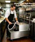 Commercial 14.5 Gallon Mobile Fryer Oil Filter System in a restaurant kitchen, with a chef using the stainless steel cart.