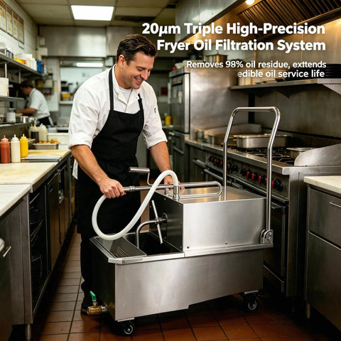Commercial 14.5 Gallon Mobile Fryer Oil Filter System in a restaurant kitchen, with a chef using the stainless steel cart.